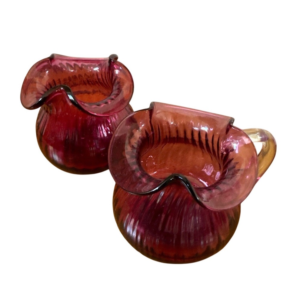 Vtg Pilgrim Glass Optic Cranberry‎ Pink Pitcher Ribbed Clear Handle + Sugar Bowl